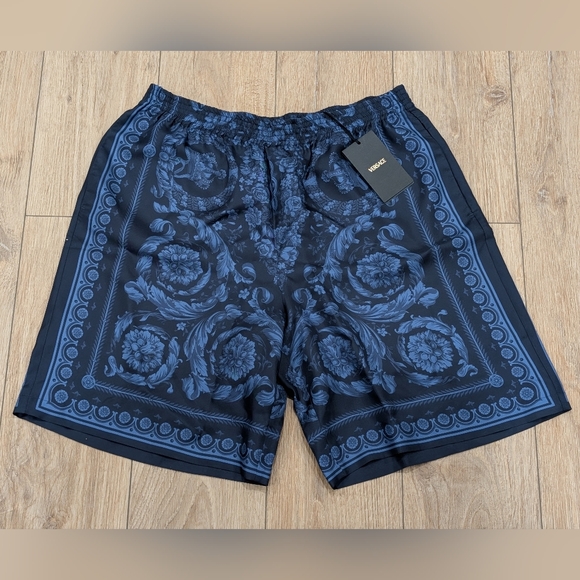 $890 Mens Versace Barocco Silk Shorts Navy/Blue 52 US 36